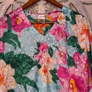 Sante Floral Kaftan Dress Womens Free Size Blue Pink Tropical Lily Lounger